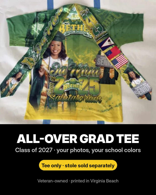 Custom All-Over Graduation Tee — Class of 2027 | Pick Your School
