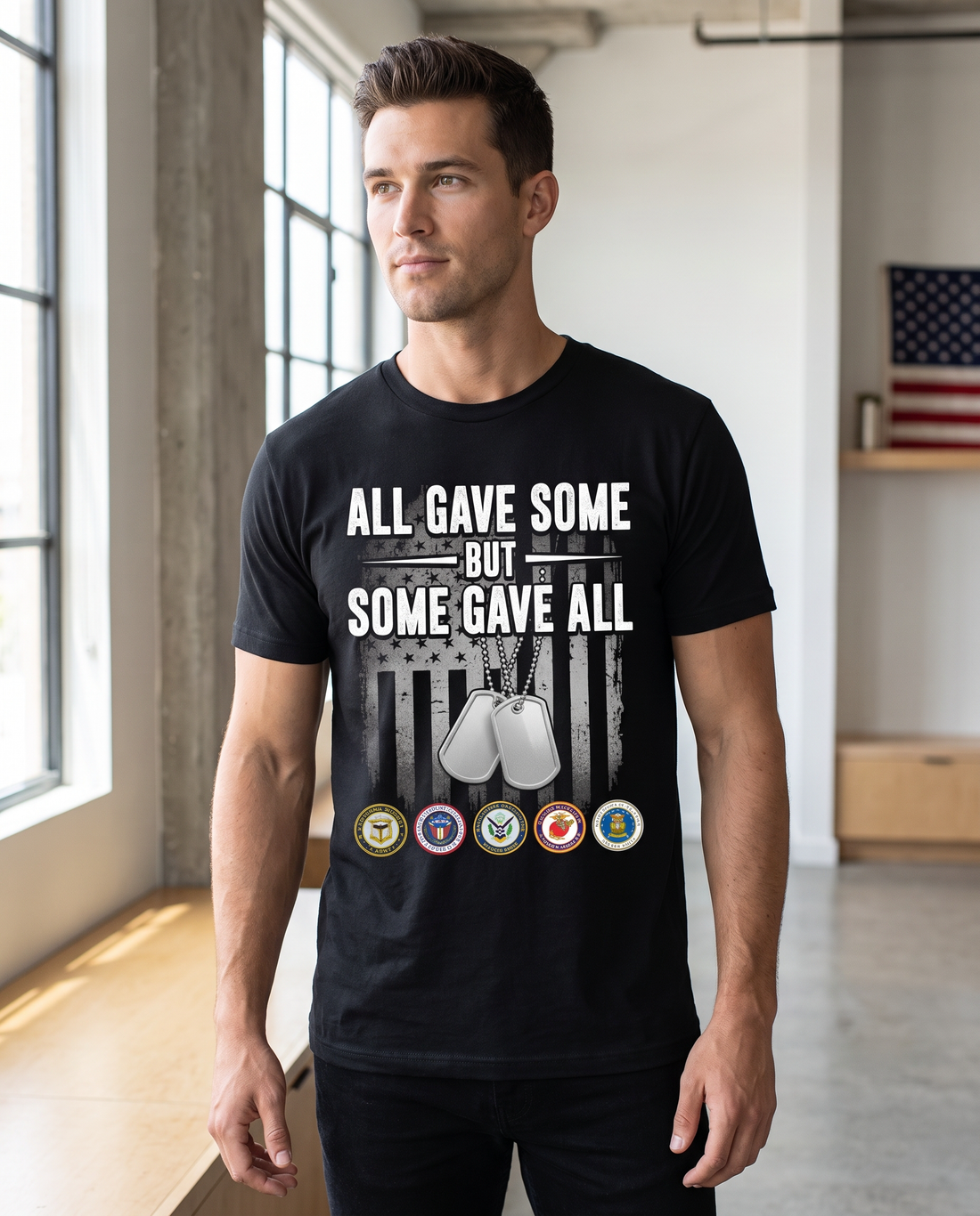 Veteran tribute tee on a model