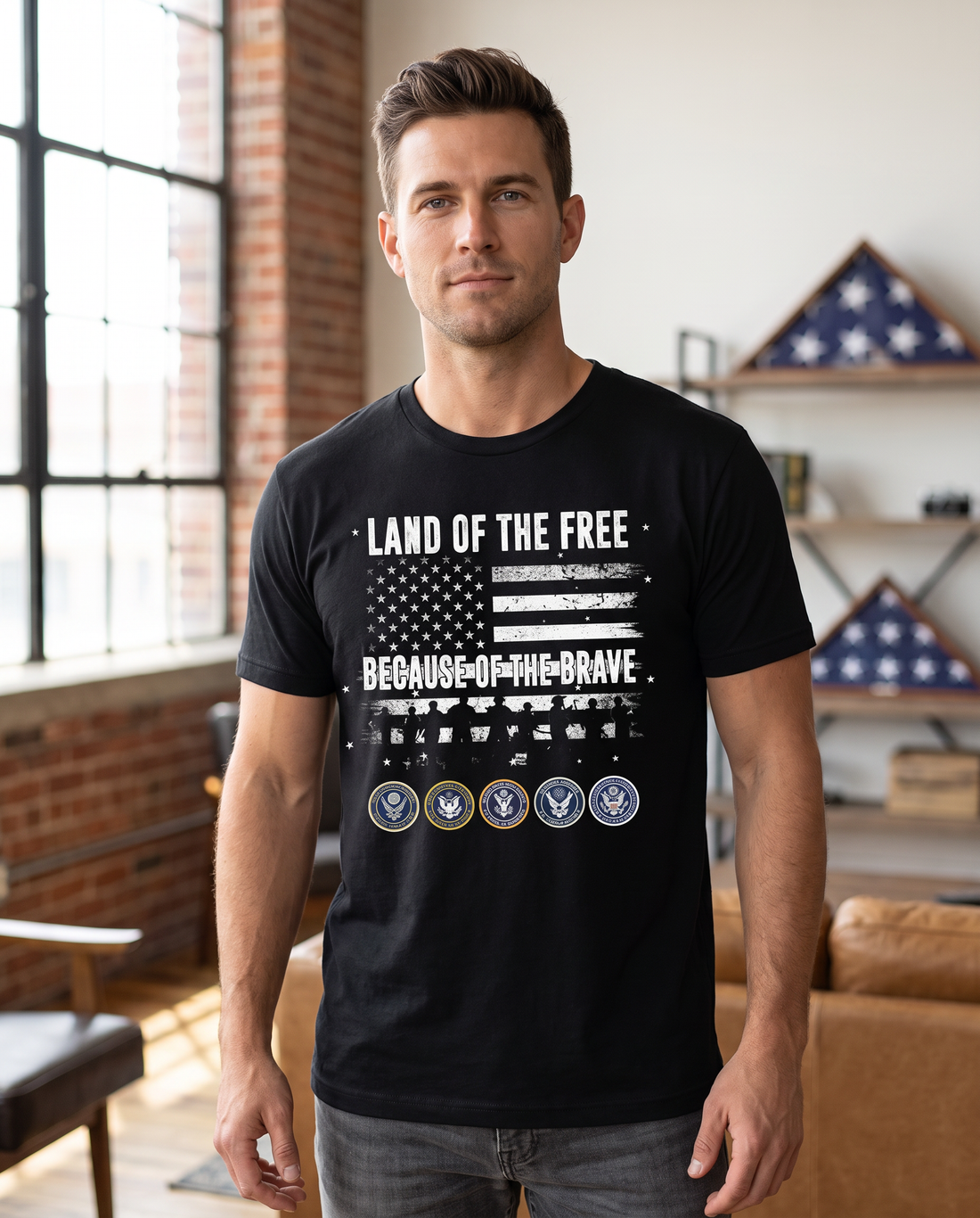 Land of the Free patriotic tee on a model