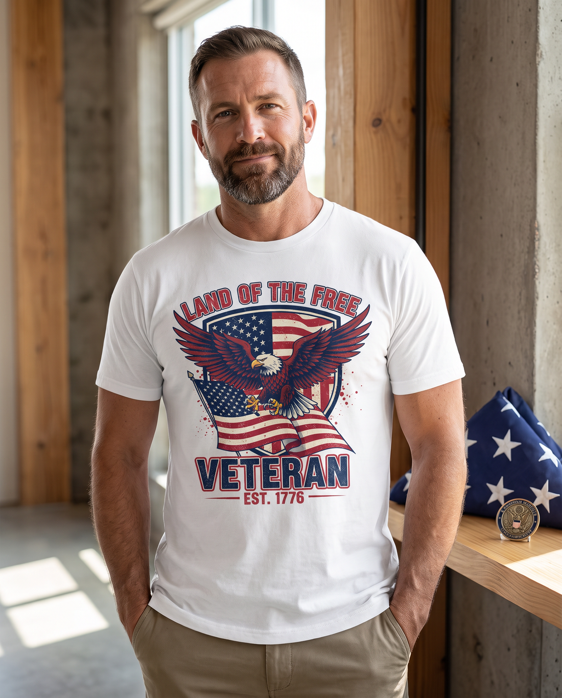 Veteran pride eagle flag tee on a model
