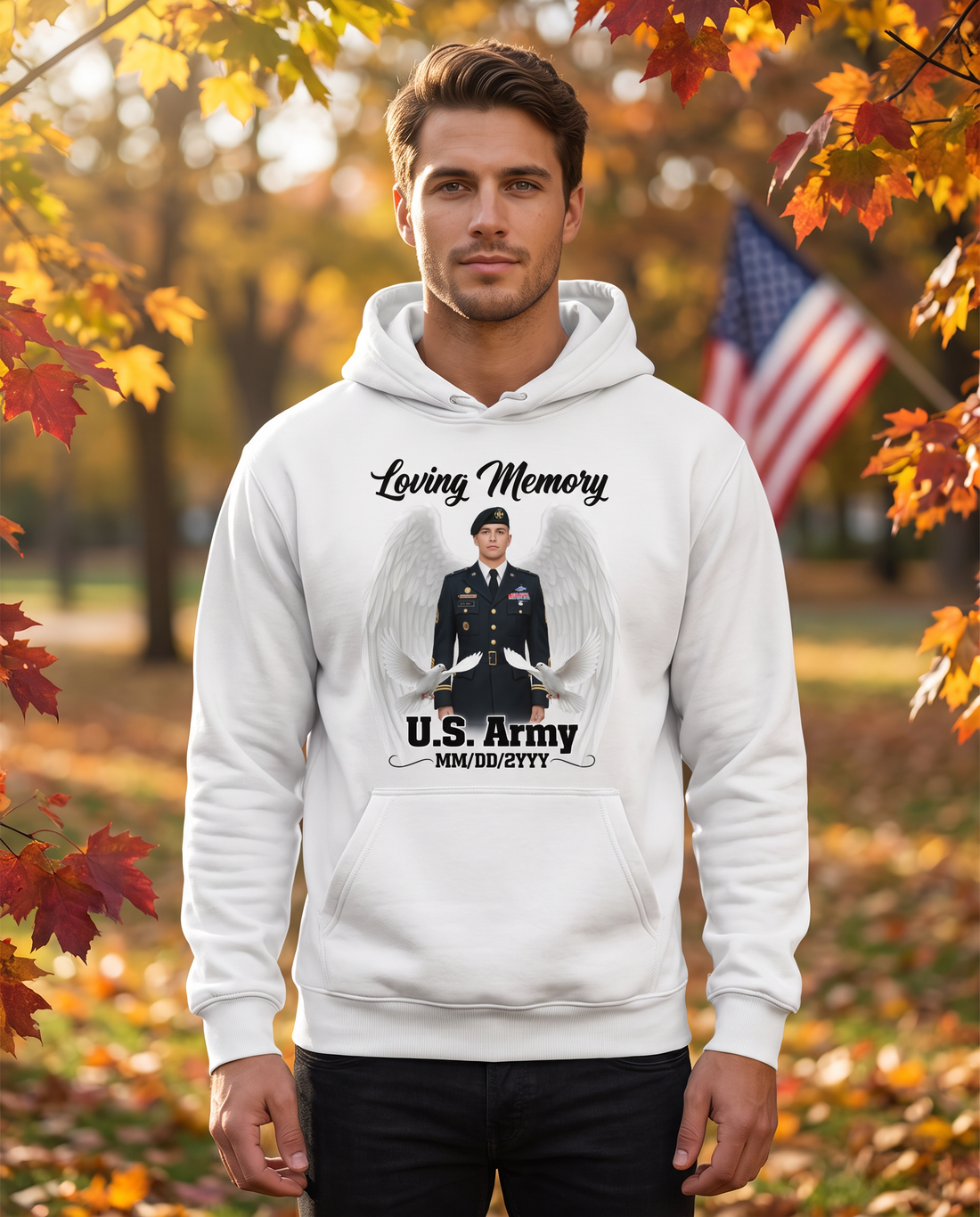 U.S. Army memorial tribute hoodie on a model
