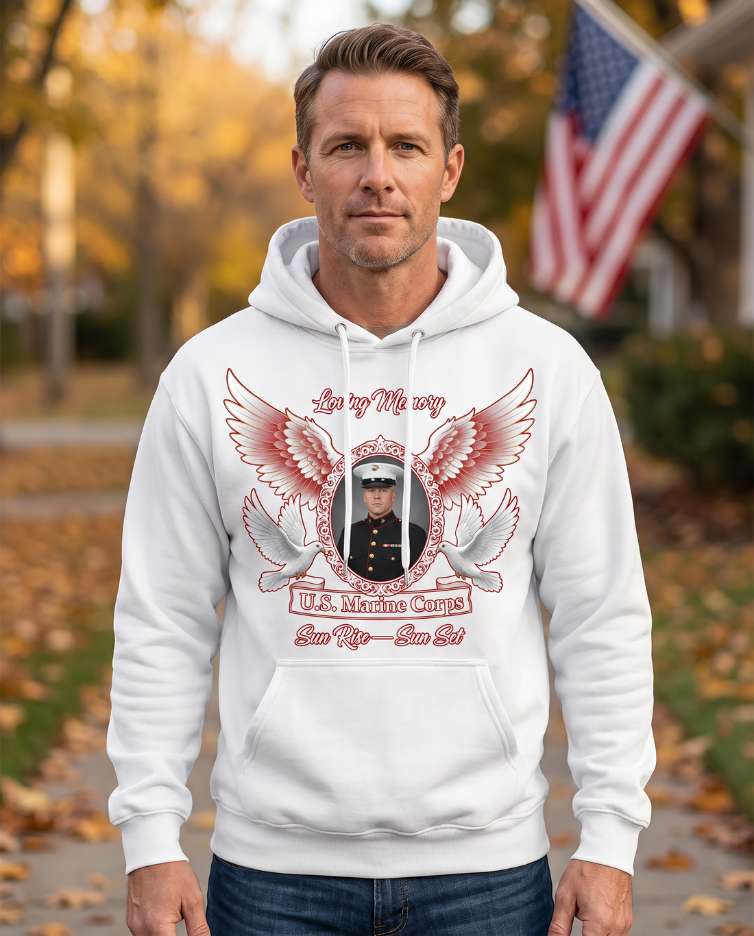 U.S. Marine Corps memorial hoodie on a model