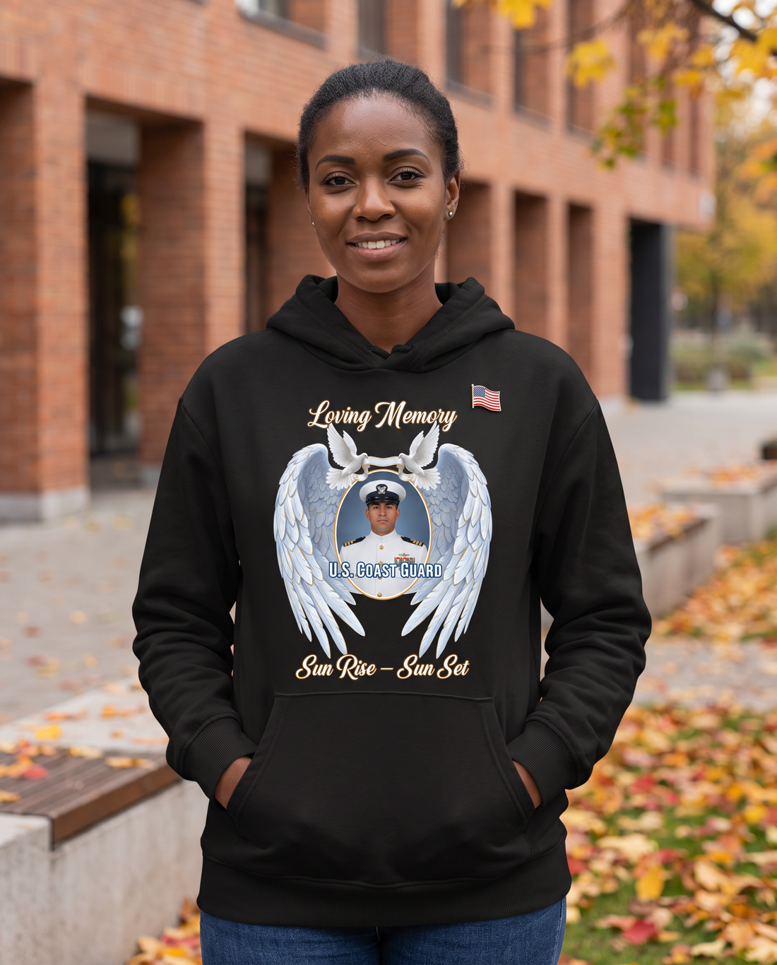 U.S. Coast Guard memorial hoodie on a model