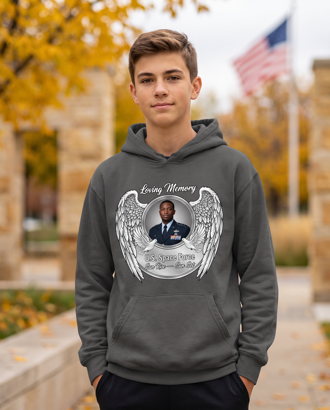 U.S. Space Force memorial hoodie on a model