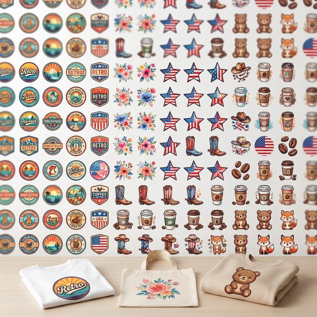 Custom 44-inch sublimation gang sheet designs shown applied to a finished t-shirt, tote bag, and sweatshirt, with a full wall of example designs behind