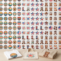 Custom 44-inch sublimation gang sheet designs shown applied to a finished t-shirt, tote bag, and sweatshirt, with a full wall of example designs behind